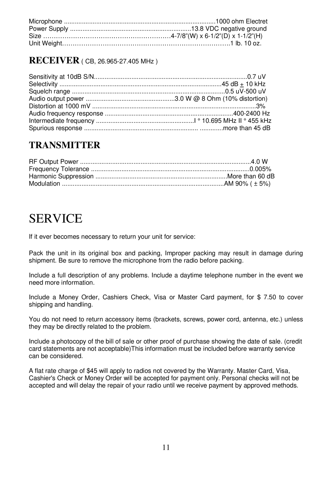 Midland Radio 1001z manual Service, Transmitter 