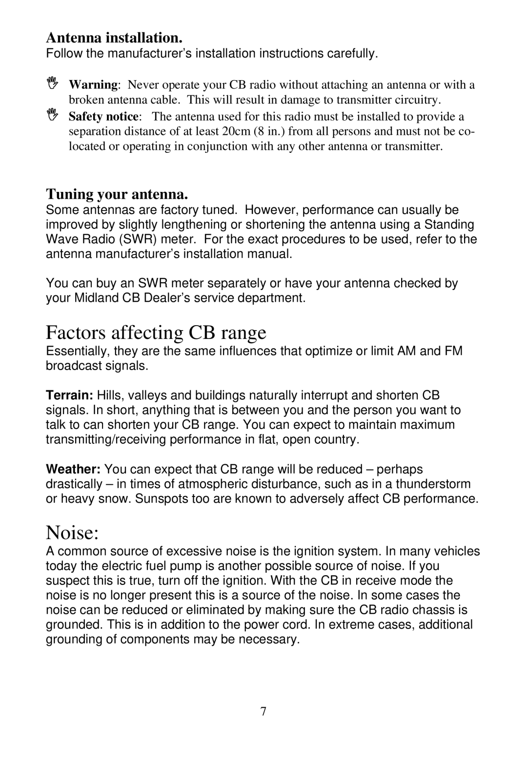 Midland Radio 1001z manual Factors affecting CB range, Noise, Antenna installation, Tuning your antenna 