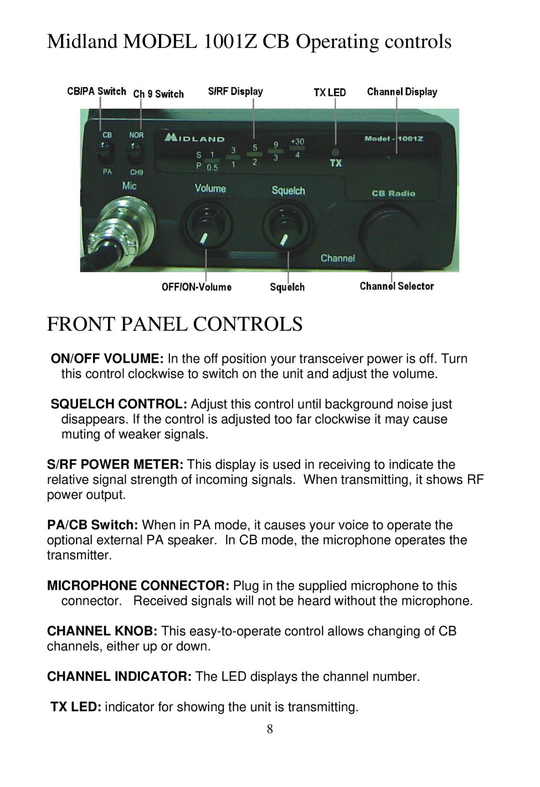 Midland Radio 1001z manual Midland Model 1001Z CB Operating controls, Front Panel Controls 