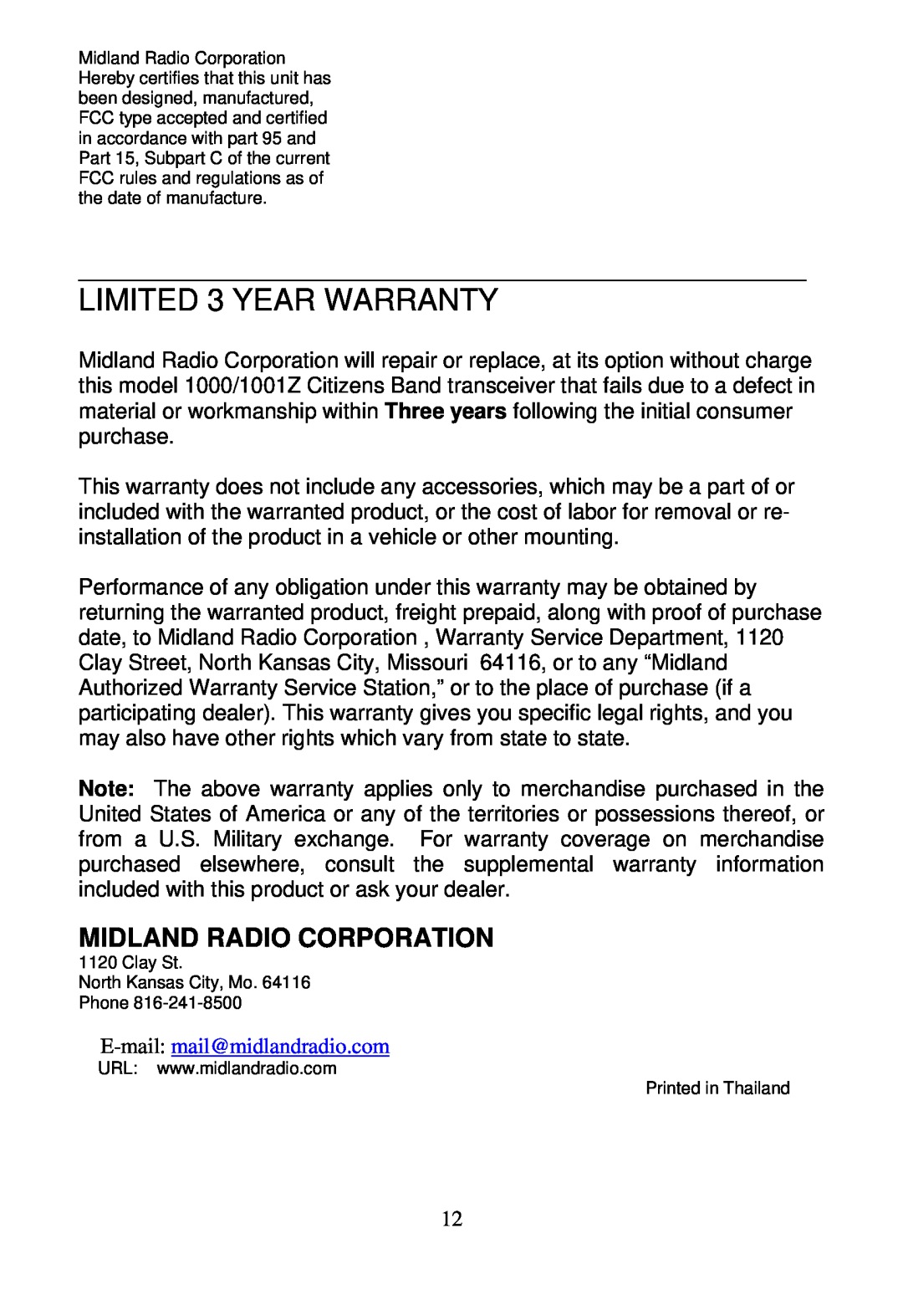 Midland Radio 1001z manual LIMITED 3 YEAR WARRANTY, Midland Radio Corporation 