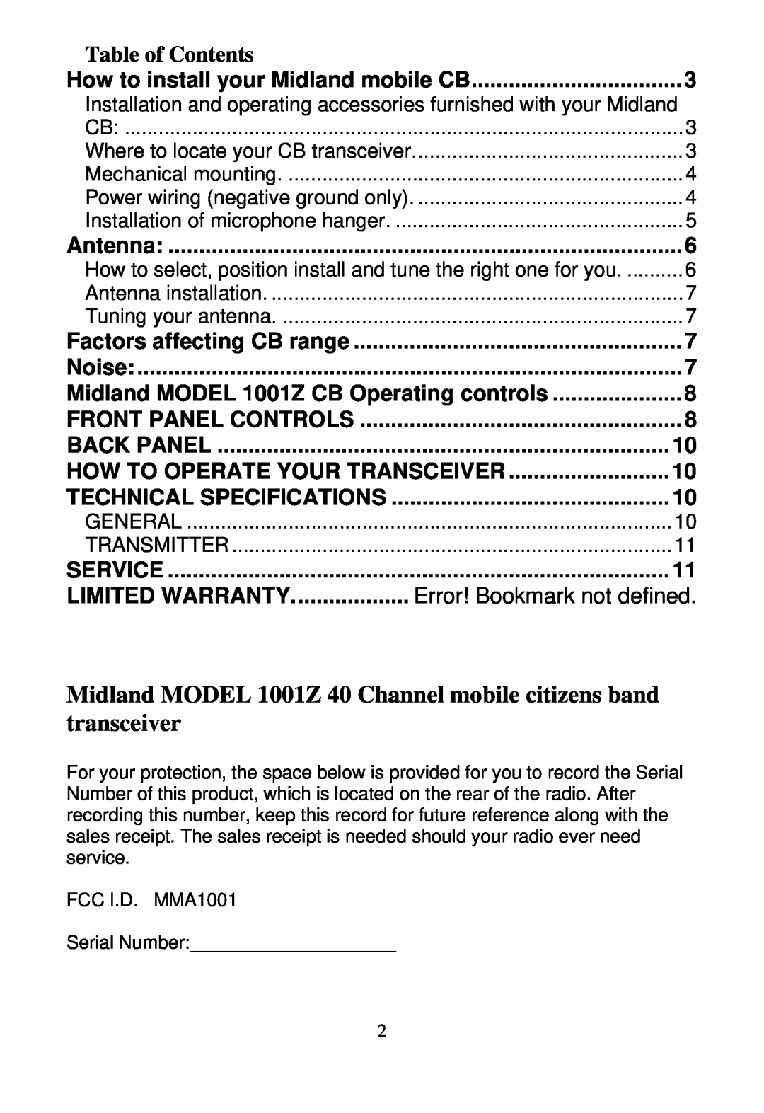 Midland Radio 1001z manual Table of Contents 