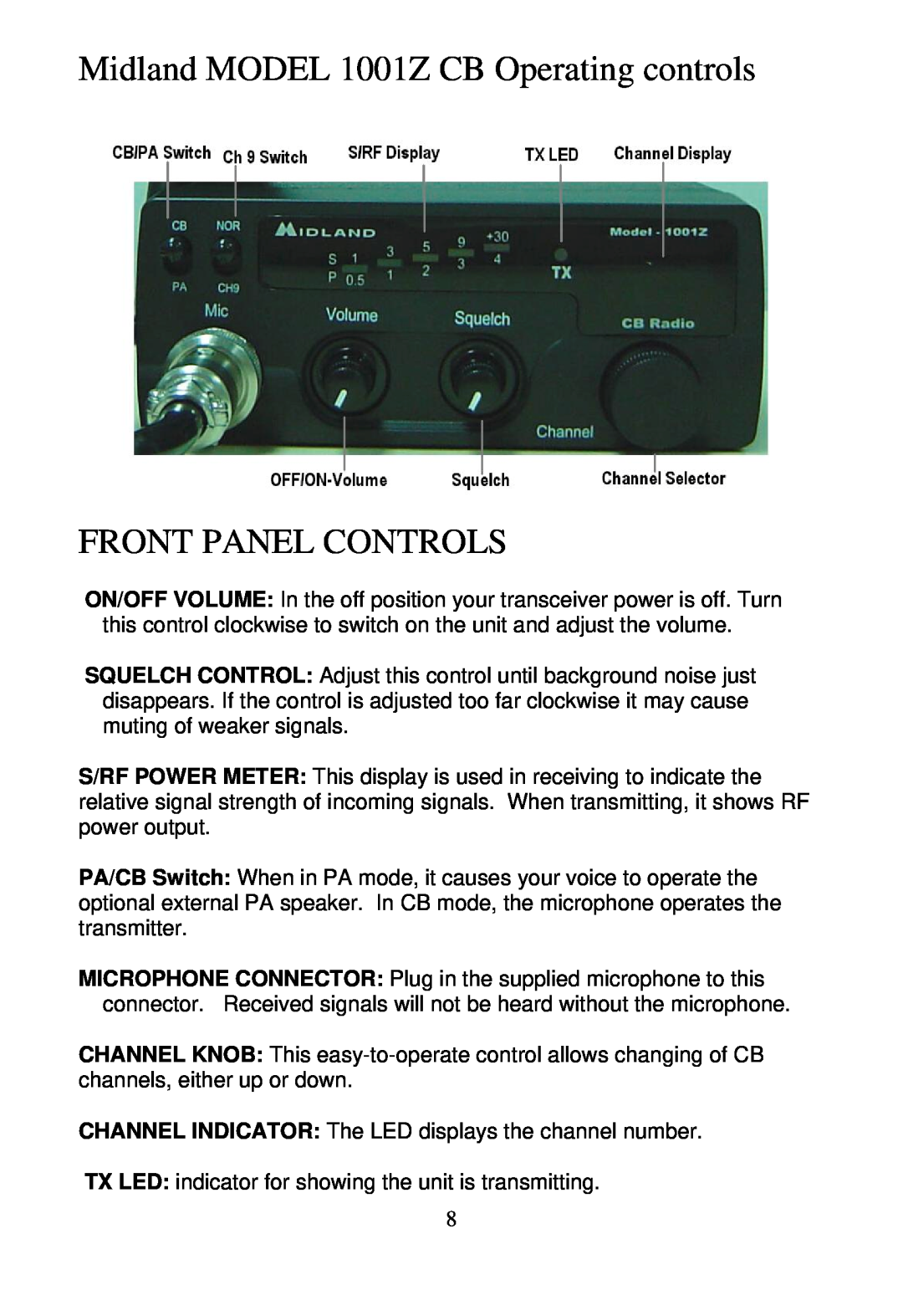 Midland Radio 1001z manual Midland MODEL 1001Z CB Operating controls, Front Panel Controls 
