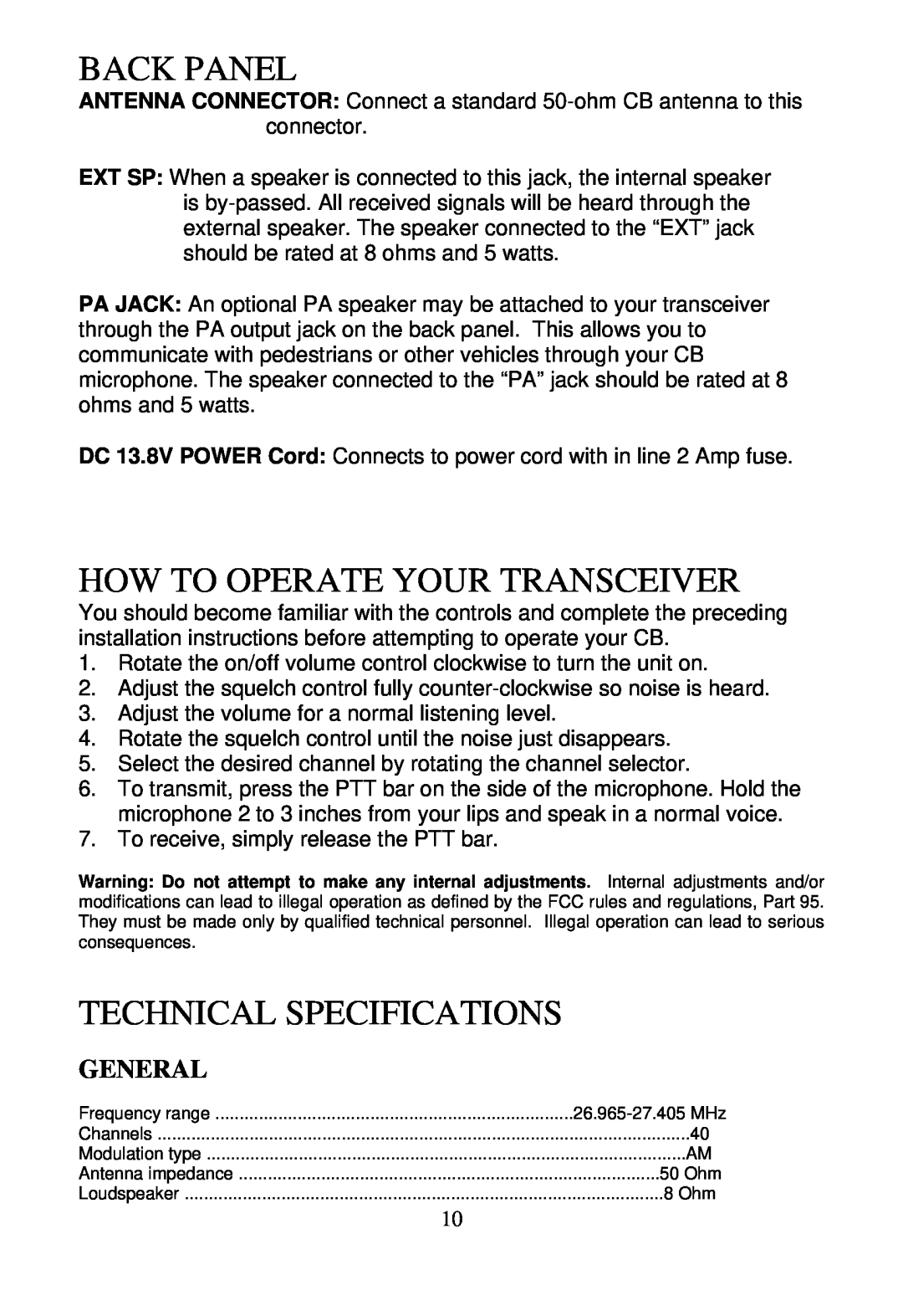 Midland Radio 1001z manual Back Panel, How To Operate Your Transceiver, Technical Specifications, General 