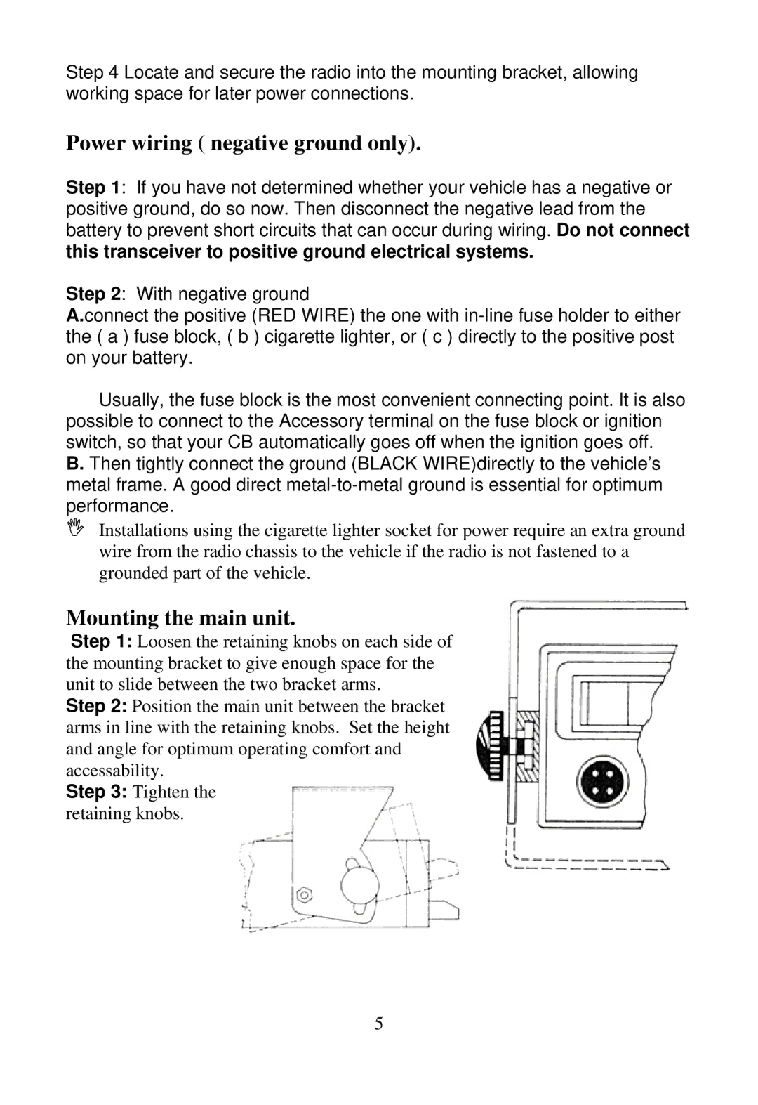 Midland Radio 4001 manual Power wiring negative ground only, Mounting the main unit 