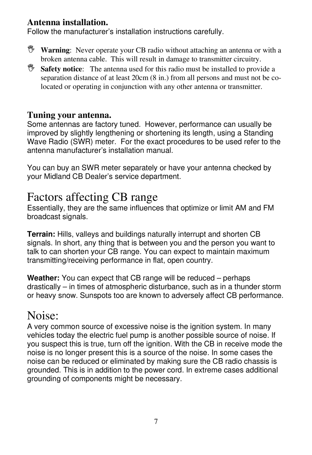 Midland Radio 4001 manual Factors affecting CB range, Noise, Antenna installation, Tuning your antenna 