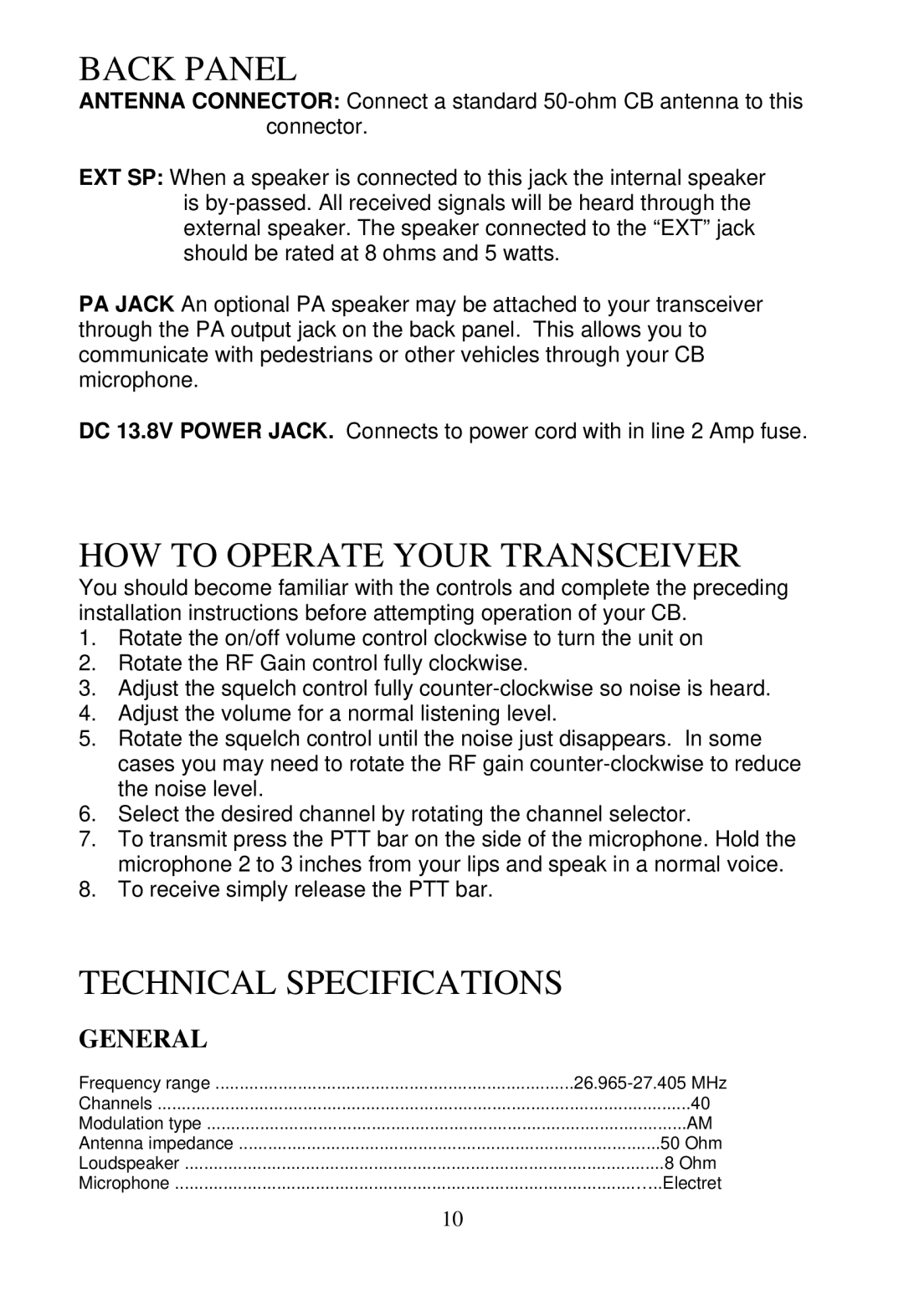 Midland Radio 4001 manual Back Panel, HOW to Operate Your Transceiver, Technical Specifications 