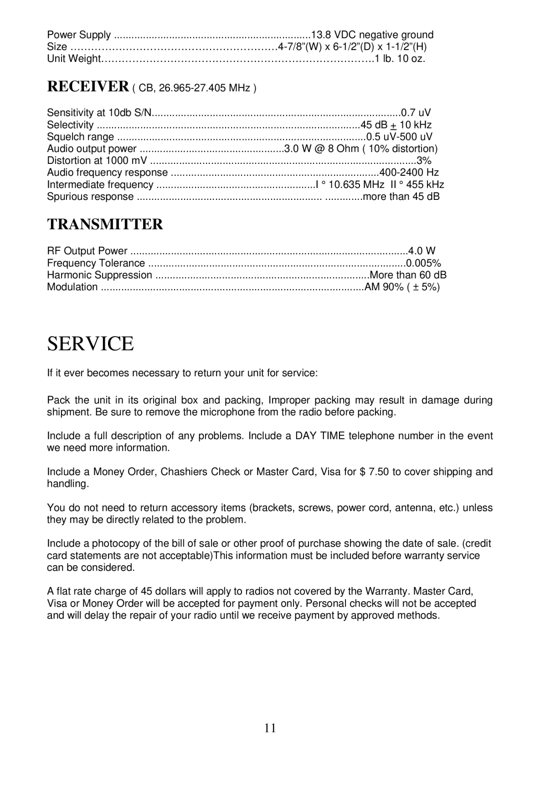 Midland Radio 4001 manual Service, Transmitter 