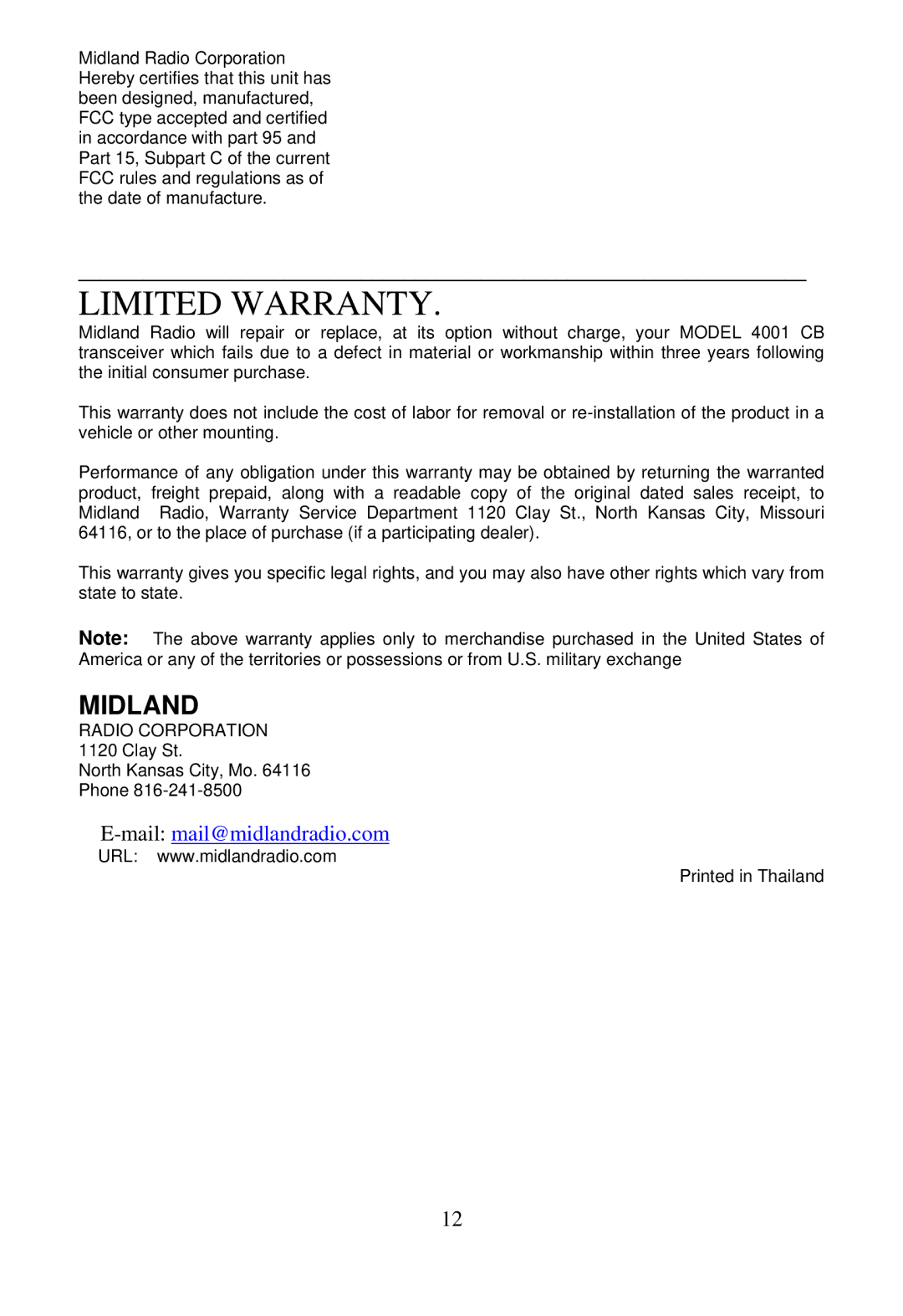 Midland Radio 4001 manual Limited Warranty 