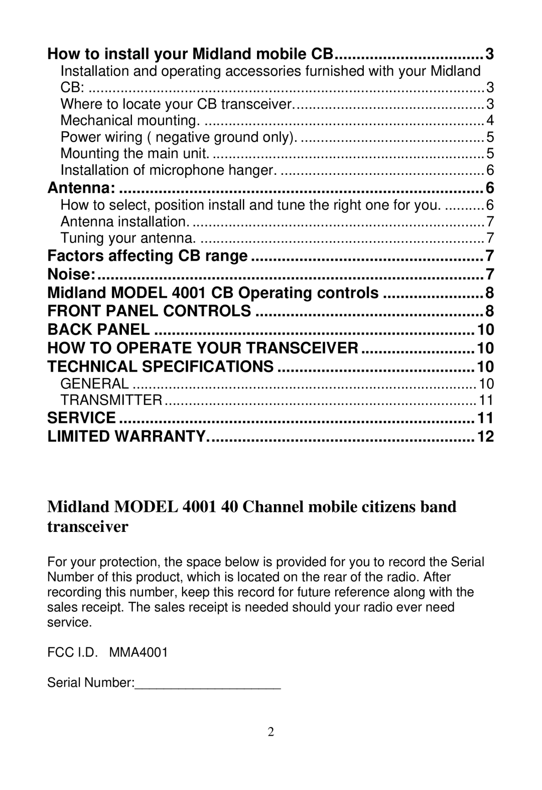 Midland Radio 4001 manual Service Limited Warranty 