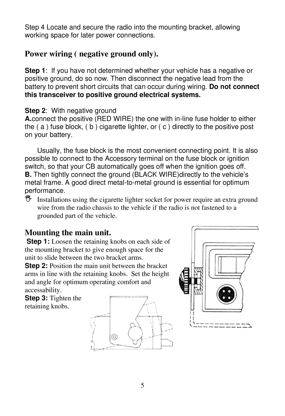 Midland Radio 4001 manual Power wiring negative ground only, Mounting the main unit 