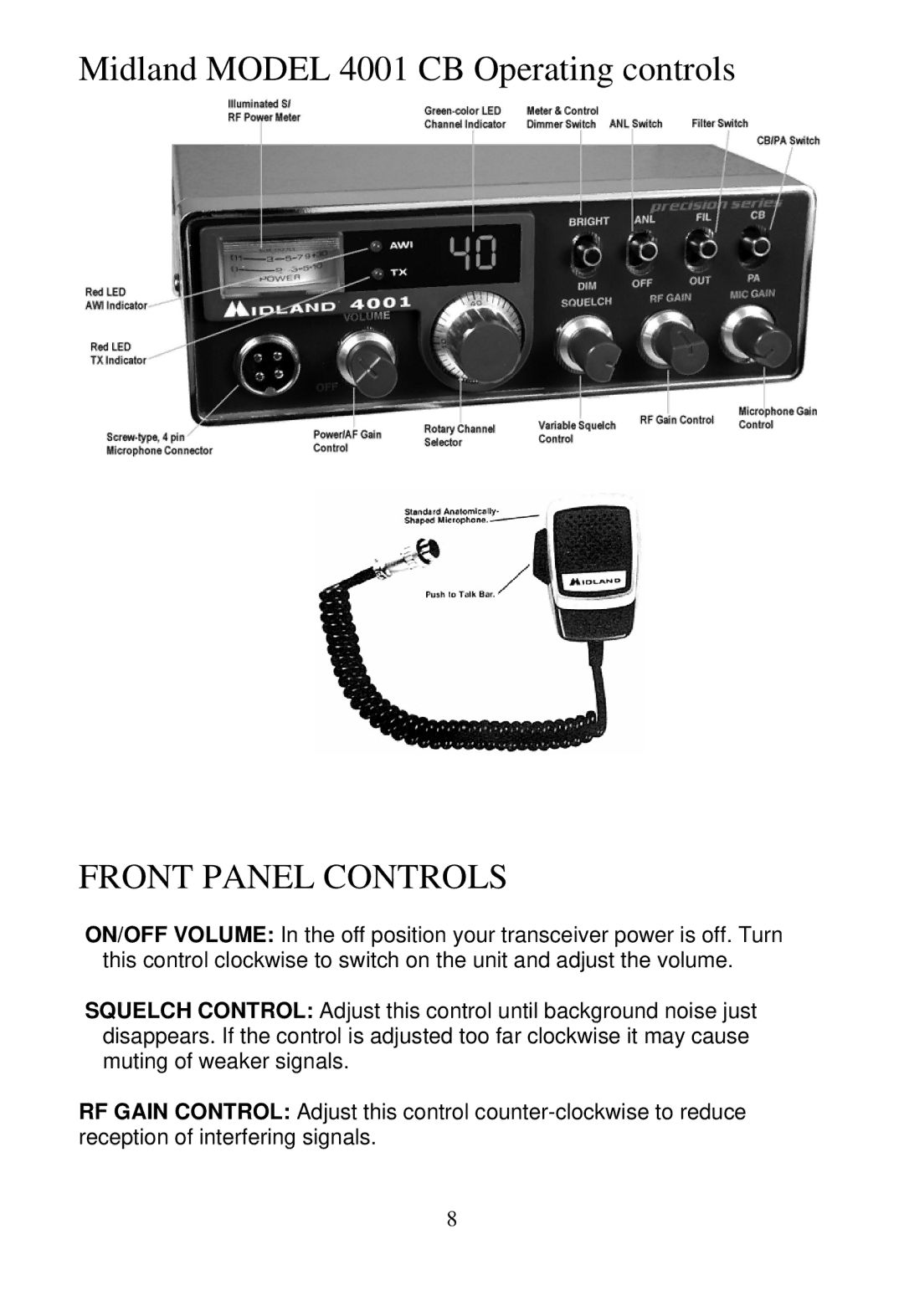 Midland Radio manual Midland Model 4001 CB Operating controls, Front Panel Controls 