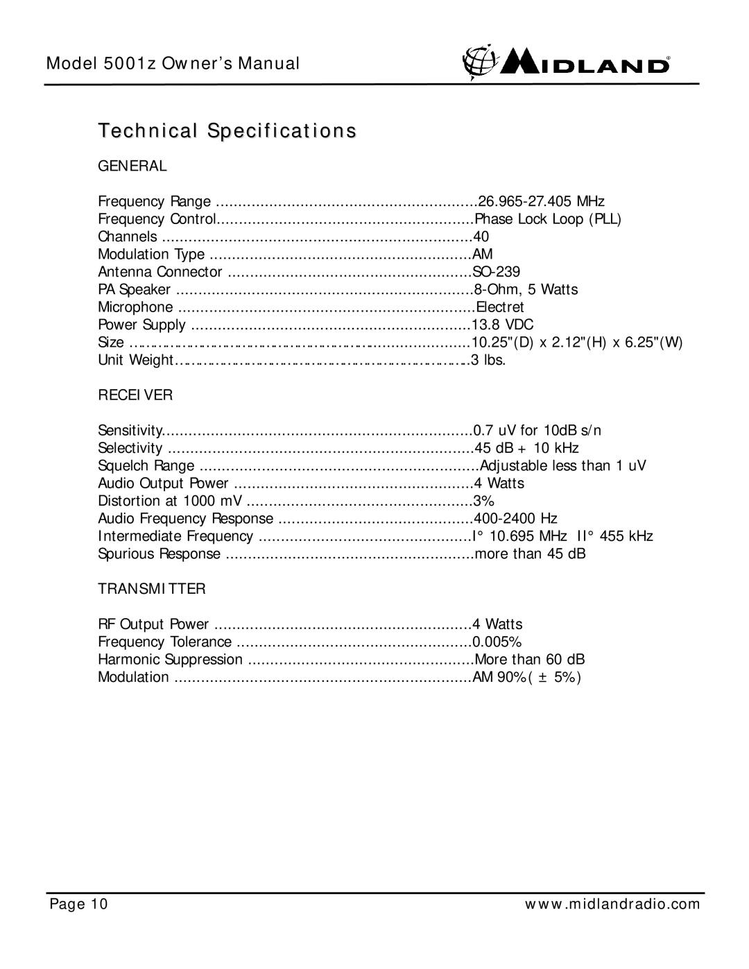 Midland Radio 5001z owner manual Technical Specifications, General 