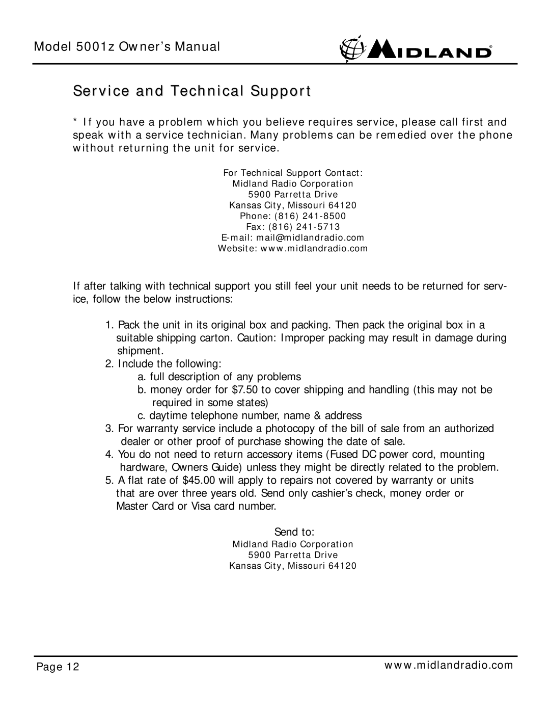 Midland Radio 5001z owner manual Service and Technical Support 