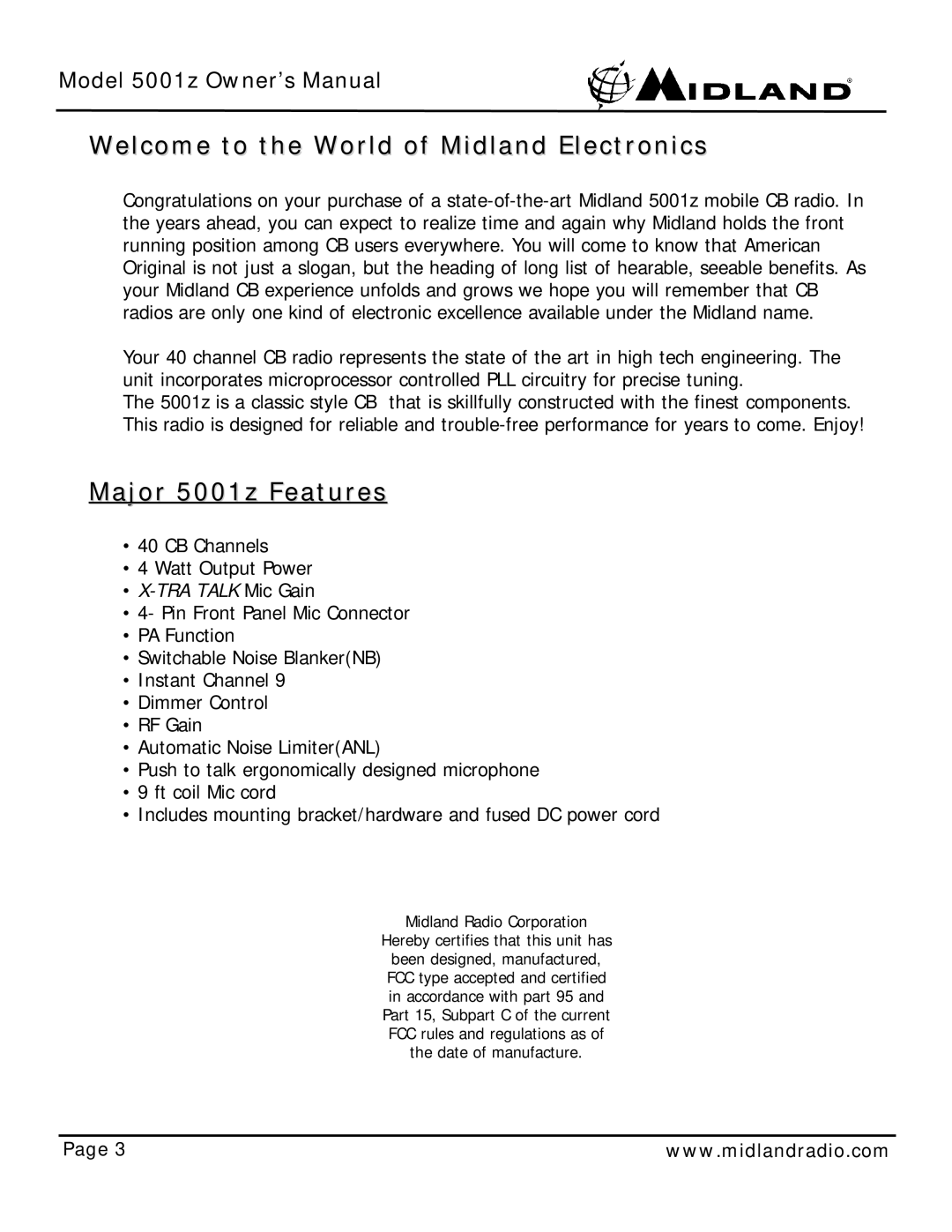 Midland Radio owner manual Welcome to the World of Midland Electronics, Major 5001z Features 