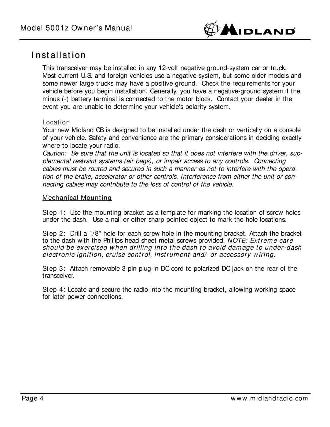 Midland Radio 5001z owner manual Installation, Location, Mechanical Mounting 