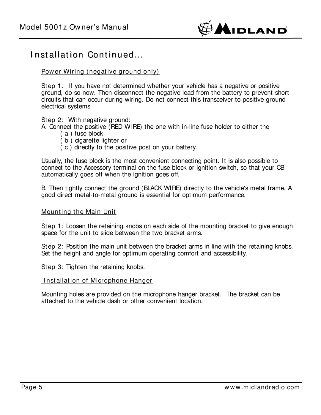 Midland Radio 5001z Power Wiring negative ground only, Mounting the Main Unit, Installation of Microphone Hanger 