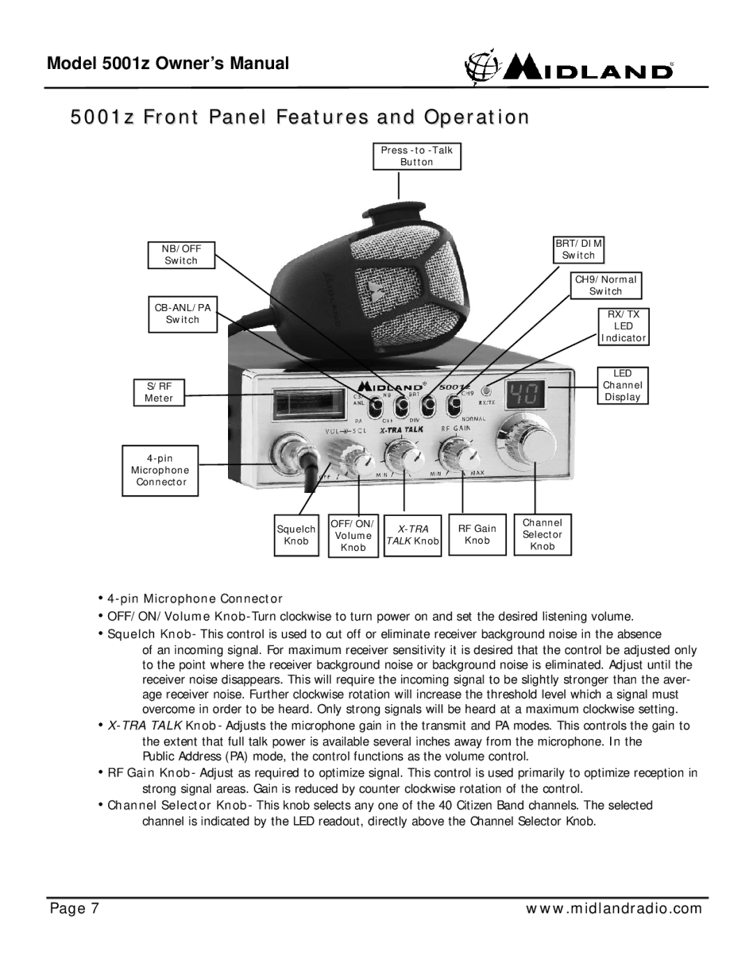 Midland Radio owner manual 5001z Front Panel Features and Operation, Tra 