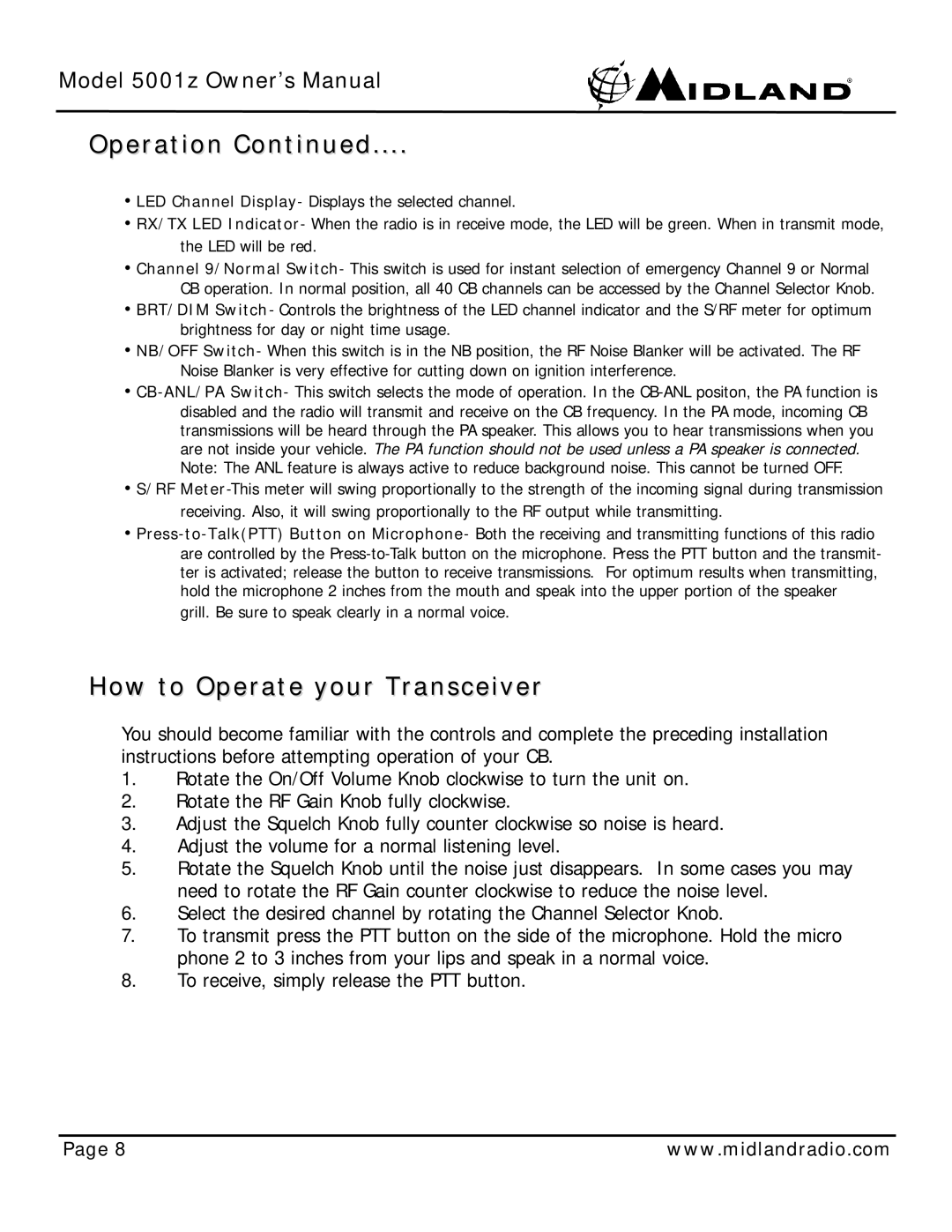 Midland Radio 5001z owner manual Operation, How to Operate your Transceiver 