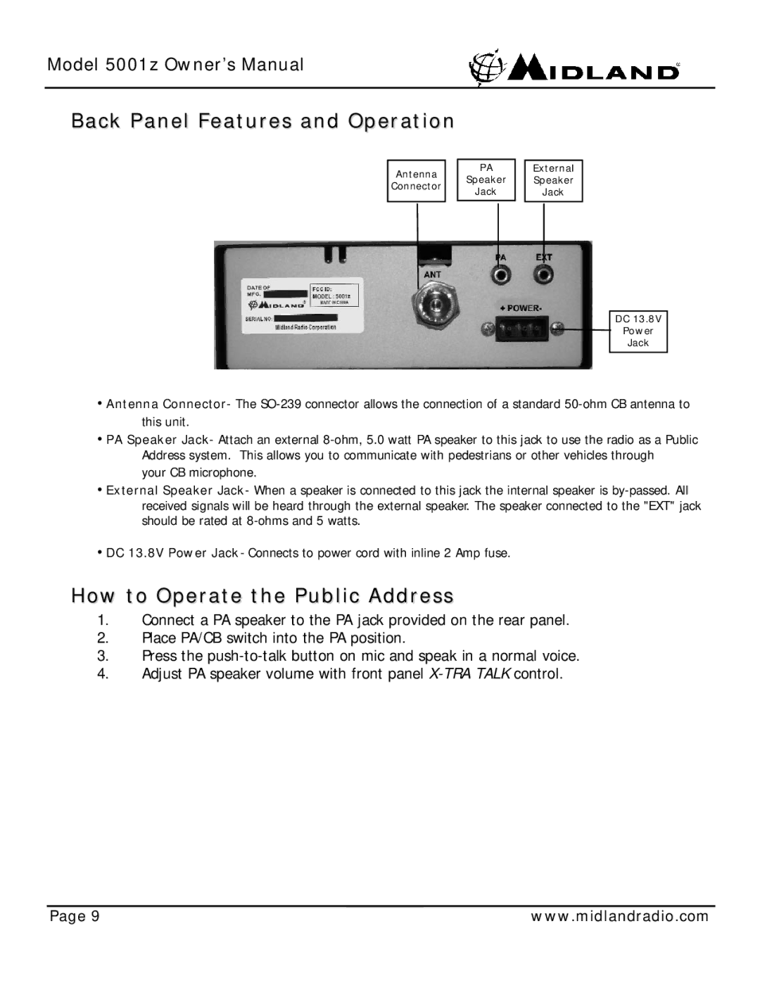 Midland Radio 5001z owner manual Back Panel Features and Operation, How to Operate the Public Address 