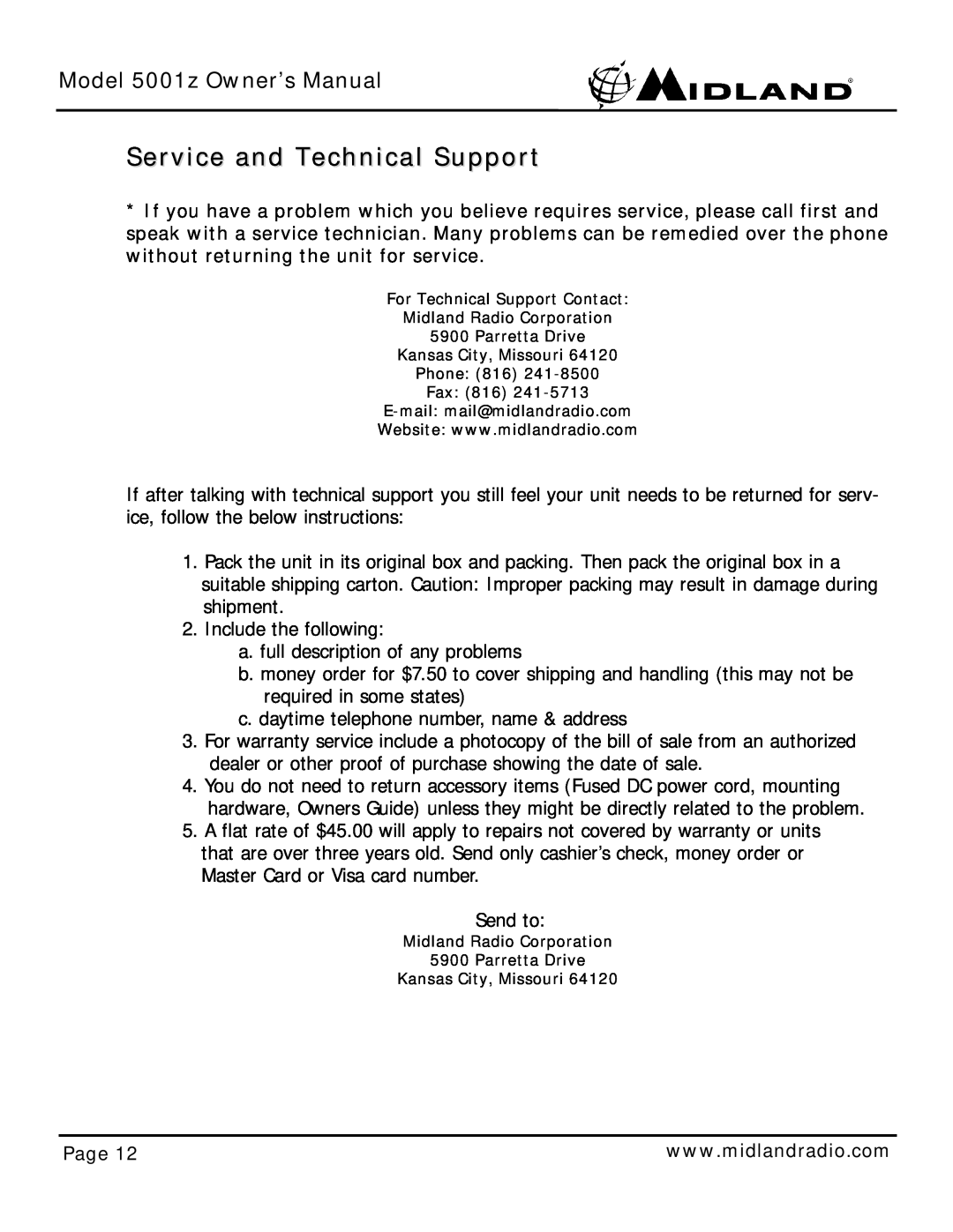 Midland Radio 5001z owner manual Service and Technical Support, Page 