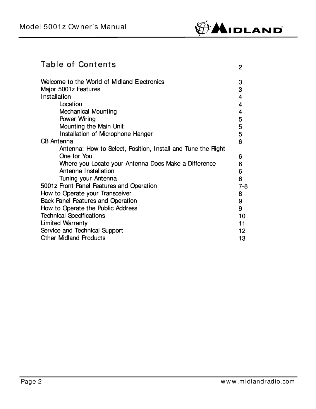 Midland Radio 5001z owner manual Page, Table of Contents 