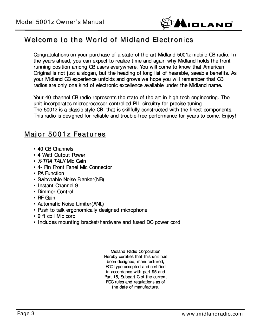 Midland Radio owner manual Welcome to the World of Midland Electronics, Major 5001z Features, X-TRATALK Mic Gain, Page 