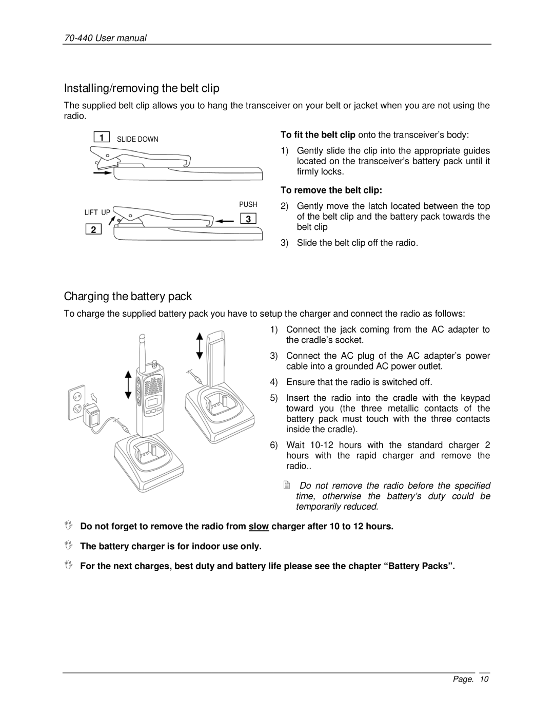 Midland Radio 70-440BP user manual Installing/removing the belt clip, Charging the battery pack, To remove the belt clip 