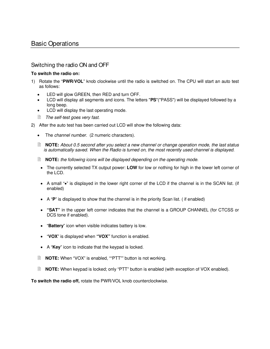 Midland Radio 70-440BP user manual Basic Operations, Switching the radio on and OFF, To switch the radio on 