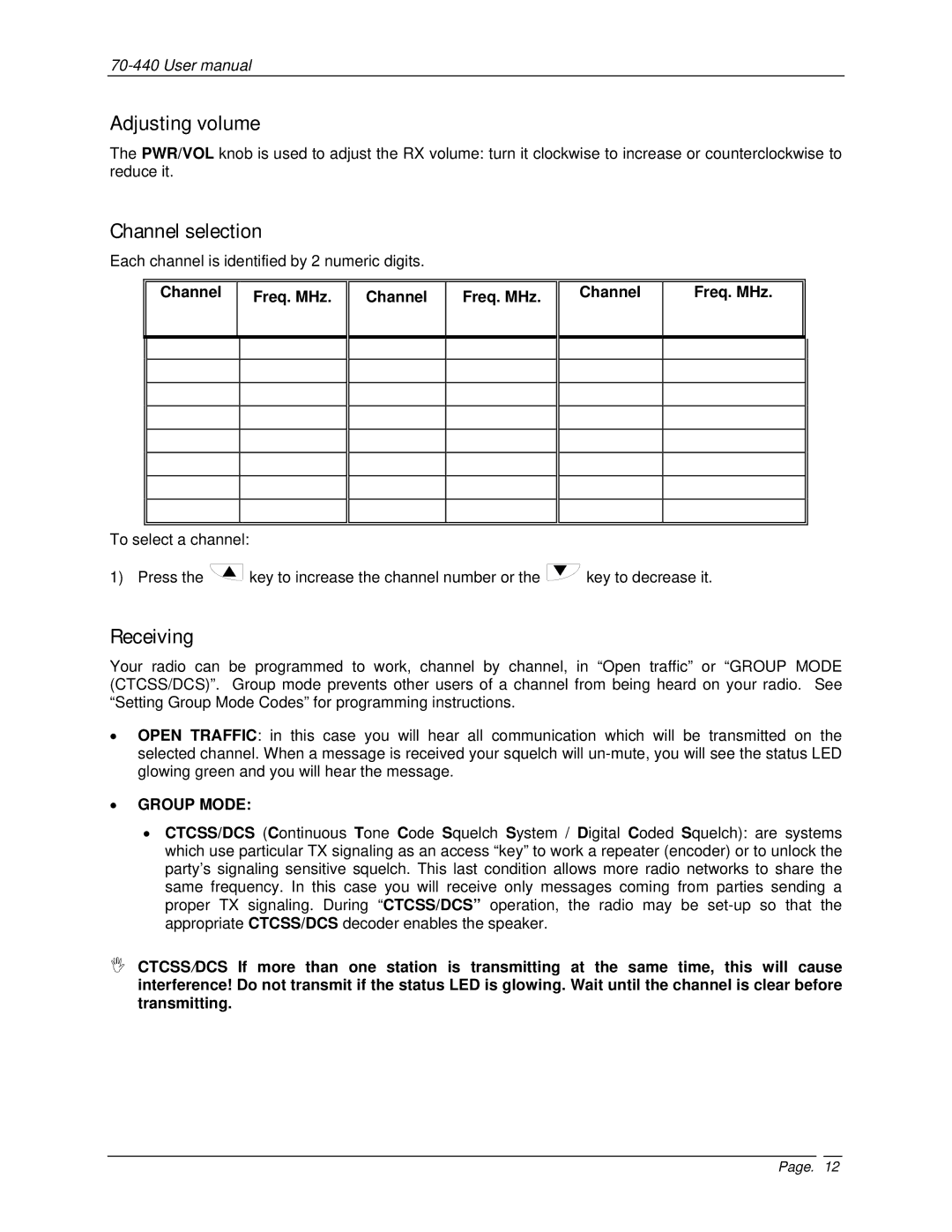 Midland Radio 70-440BP user manual Adjusting volume, Channel selection, Receiving, Channel Freq. MHz 