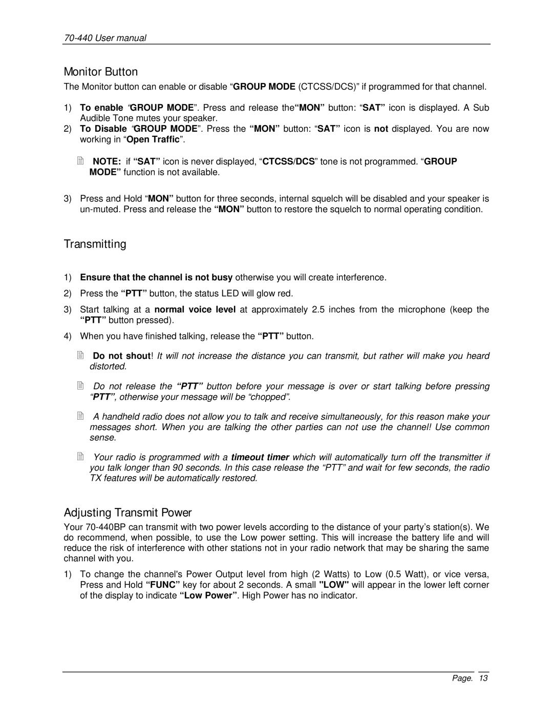 Midland Radio 70-440BP user manual Monitor Button, Transmitting, Adjusting Transmit Power 