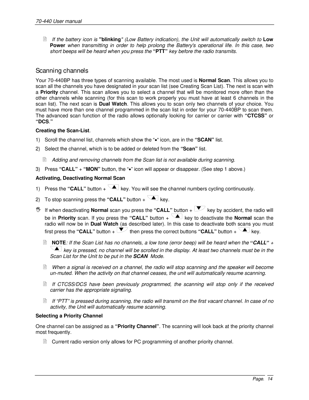 Midland Radio 70-440BP user manual Scanning channels, Creating the Scan-List, Activating, Deactivating Normal Scan 