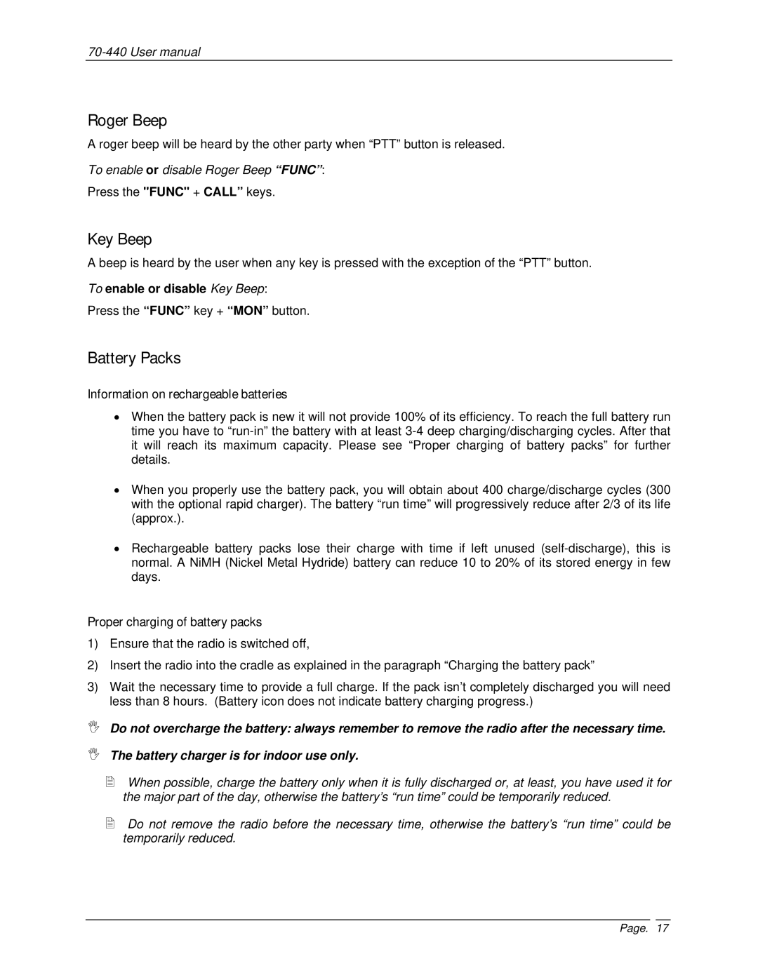 Midland Radio 70-440BP user manual Roger Beep, Battery Packs, To enable or disable Key Beep 