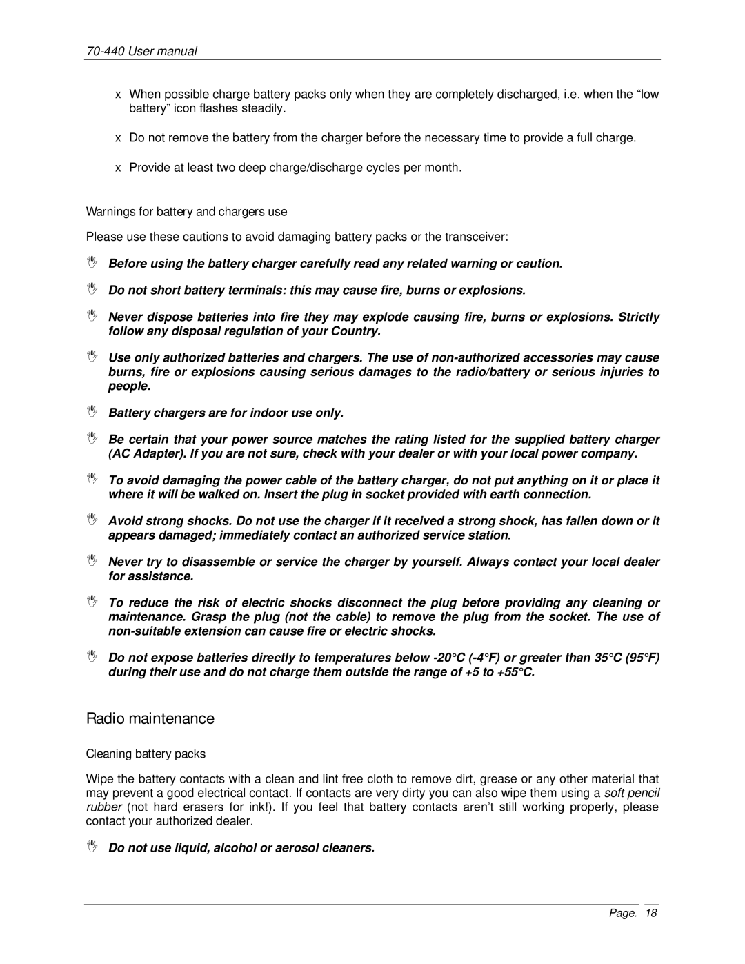 Midland Radio 70-440BP user manual Radio maintenance, Cleaning battery packs 