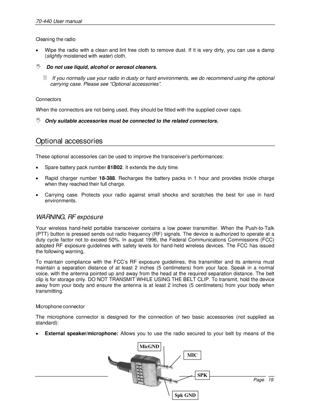 Midland Radio 70-440BP user manual Optional accessories, Cleaning the radio 