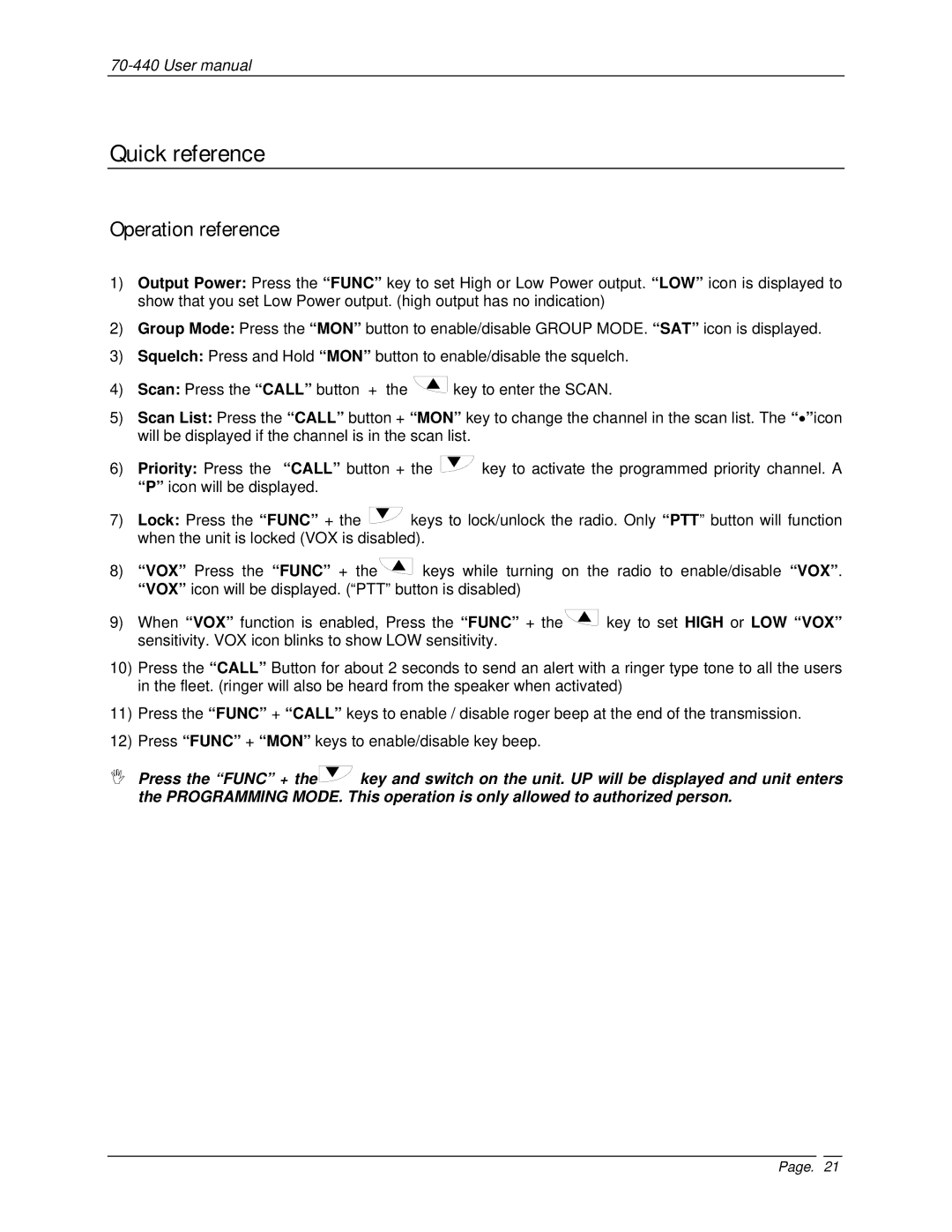 Midland Radio 70-440BP user manual Quick reference, Operation reference 