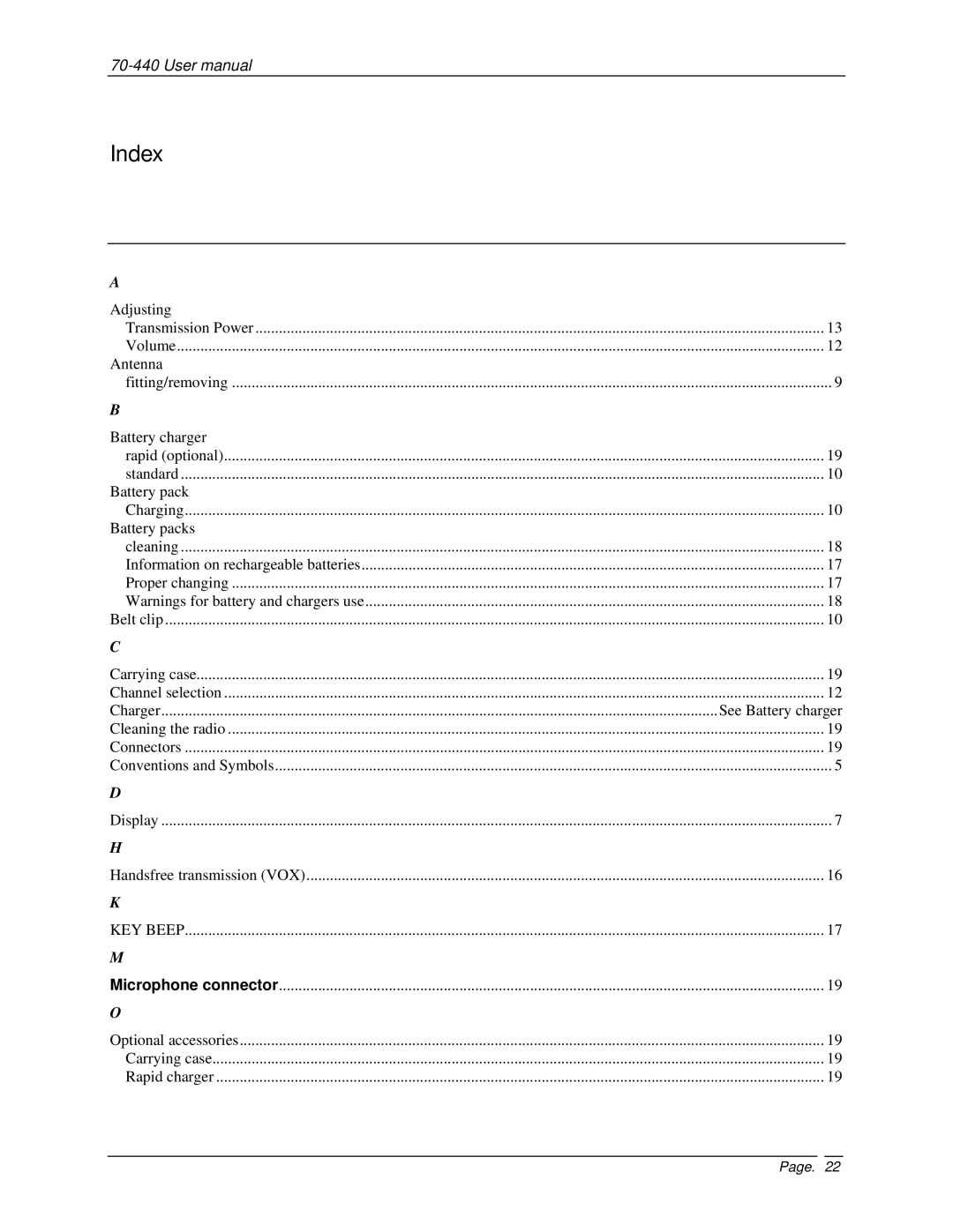 Midland Radio 70-440BP user manual Index, Battery packs 