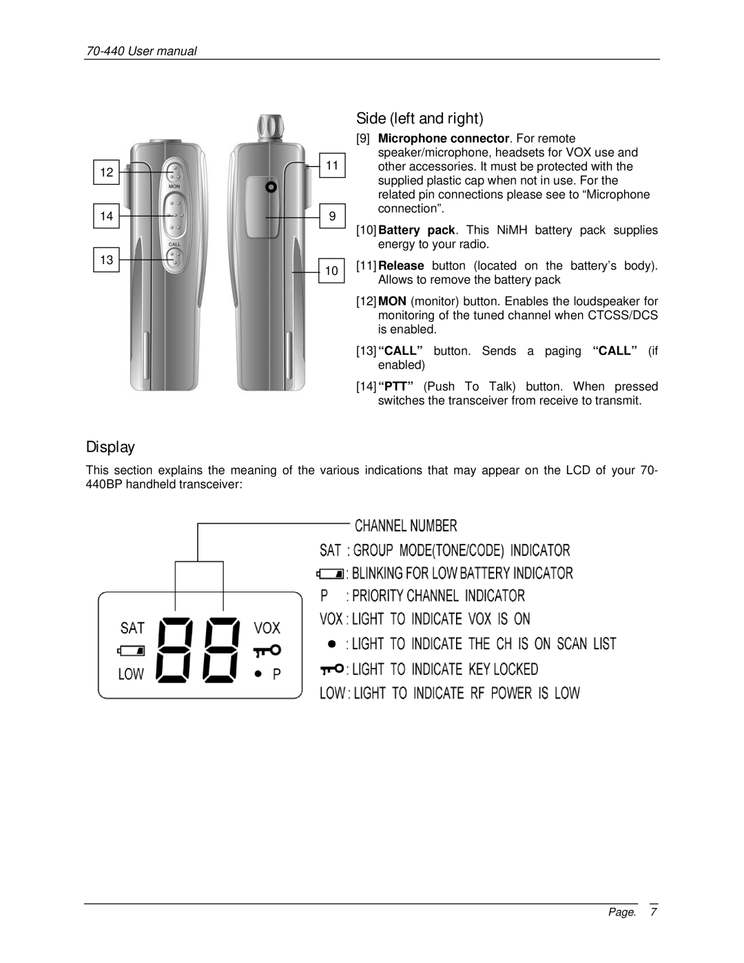 Midland Radio 70-440BP user manual Side left and right Display 