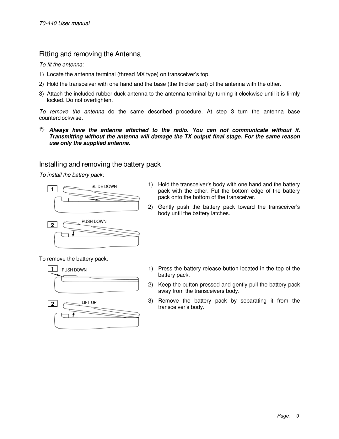 Midland Radio 70-440BP user manual Fitting and removing the Antenna, Installing and removing the battery pack 