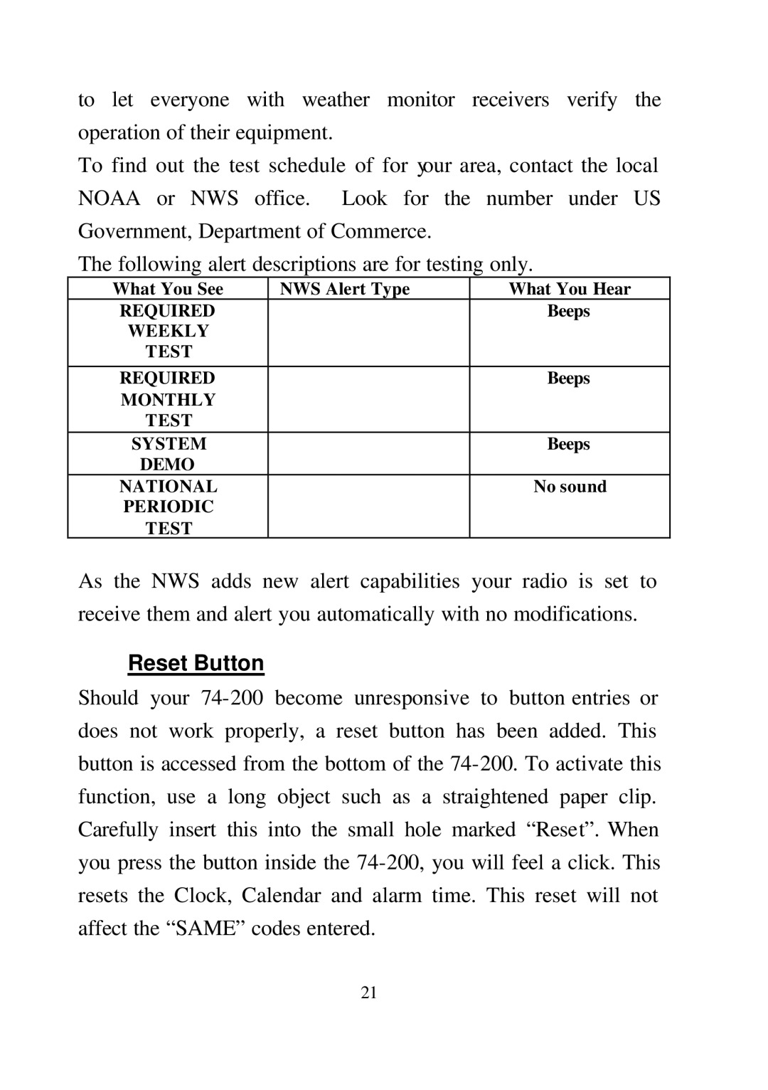 Midland Radio 74-200 manual Reset Button 