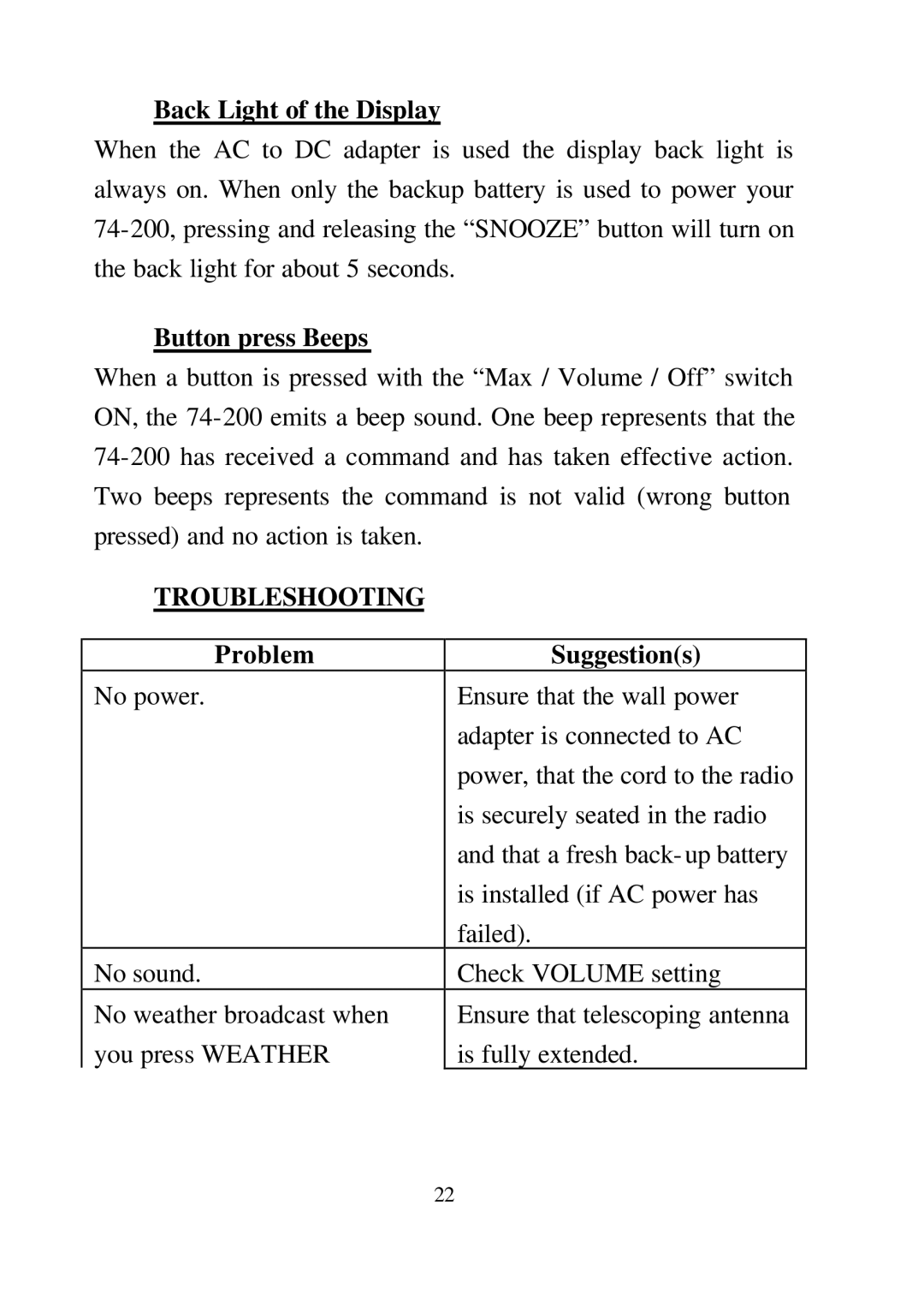 Midland Radio 74-200 manual Back Light of the Display, Button press Beeps, Troubleshooting, Problem Suggestions 