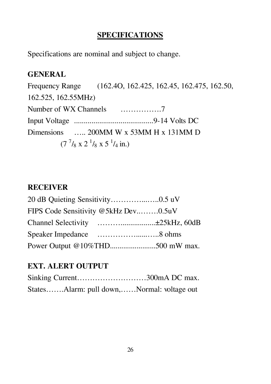 Midland Radio 74-200 manual Specifications, General, Receiver, EXT. Alert Output 