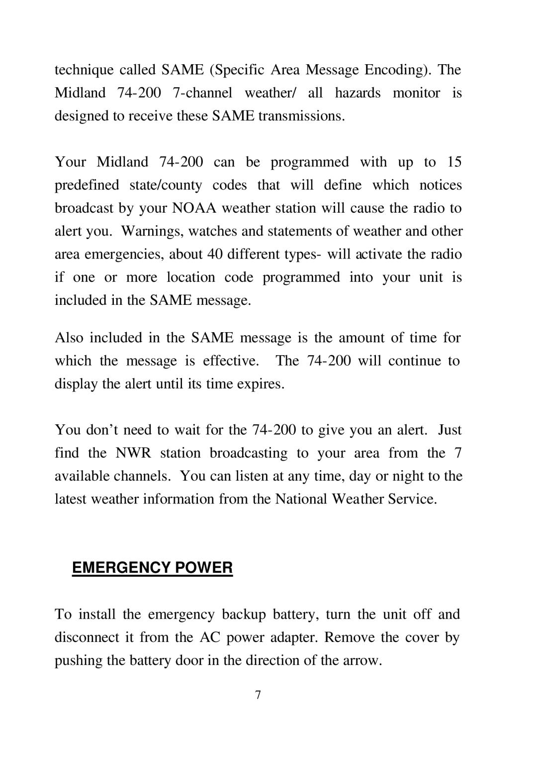 Midland Radio 74-200 manual Emergency Power 