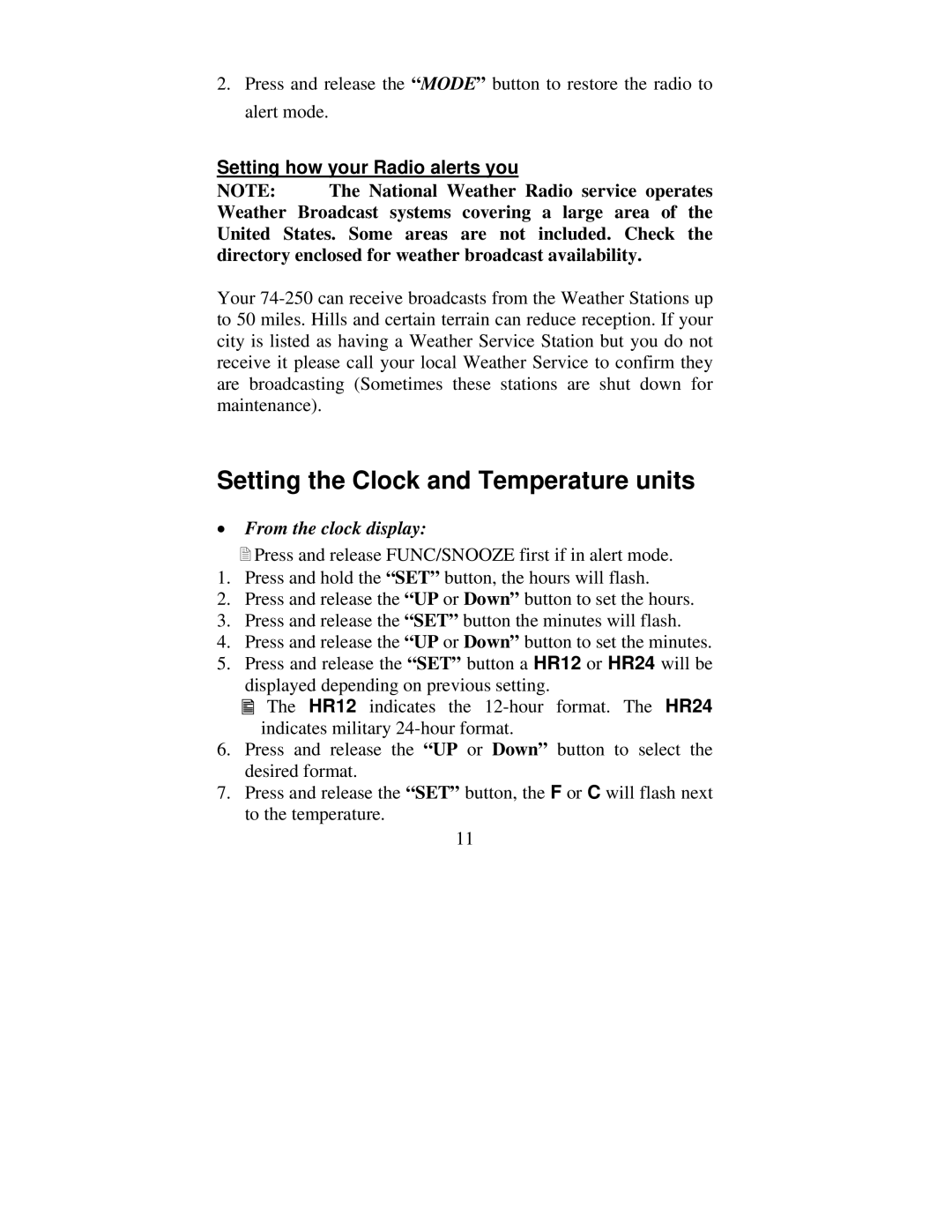 Midland Radio 74-250(C) manual Setting the Clock and Temperature units 