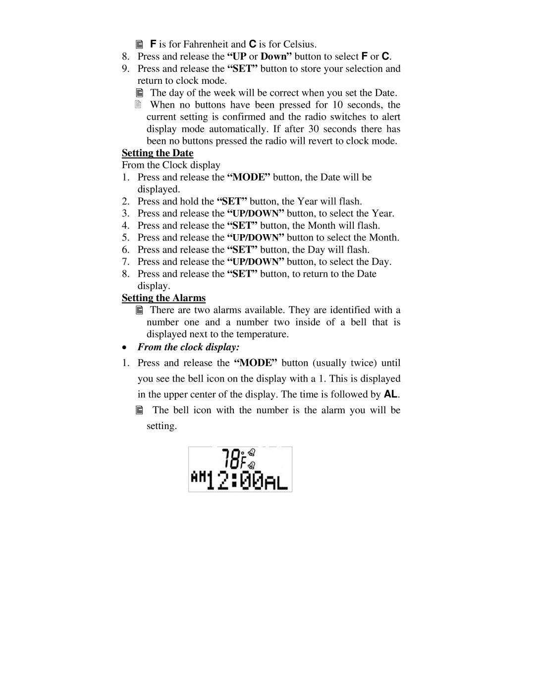 Midland Radio 74-250(C) manual Setting the Date, Setting the Alarms 