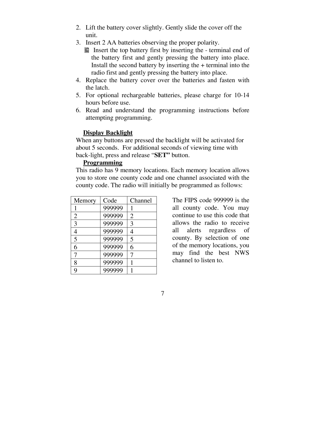 Midland Radio 74-250(C) manual Display Backlight, Programming 