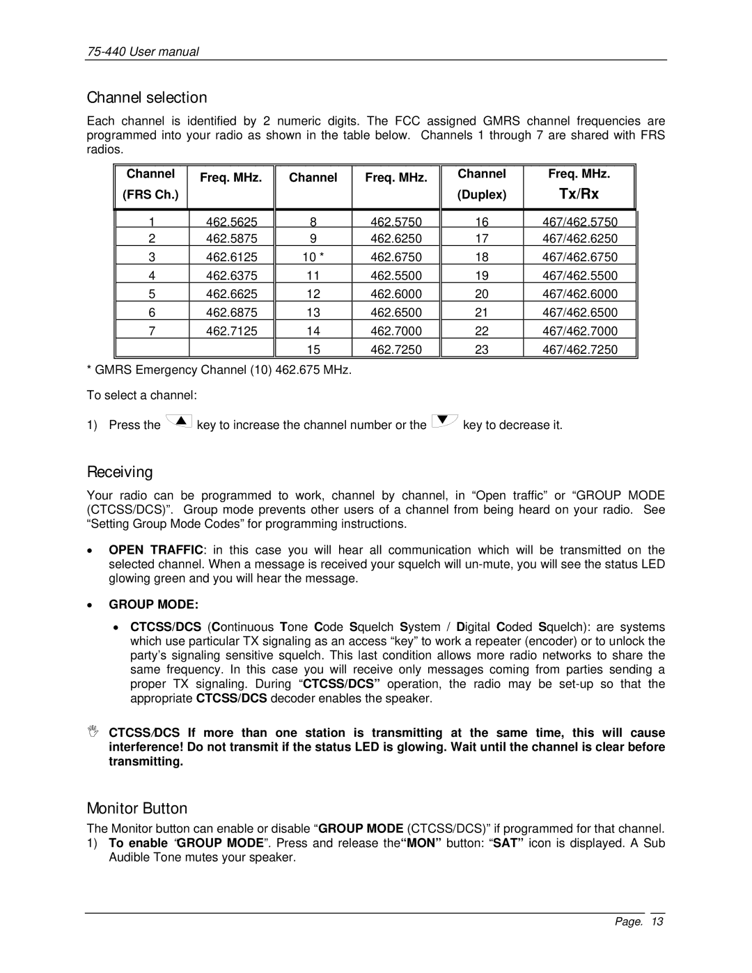 Midland Radio 75-440 user manual Channel selection, Receiving, Monitor Button, Channel Freq. MHz FRS Ch Duplex 