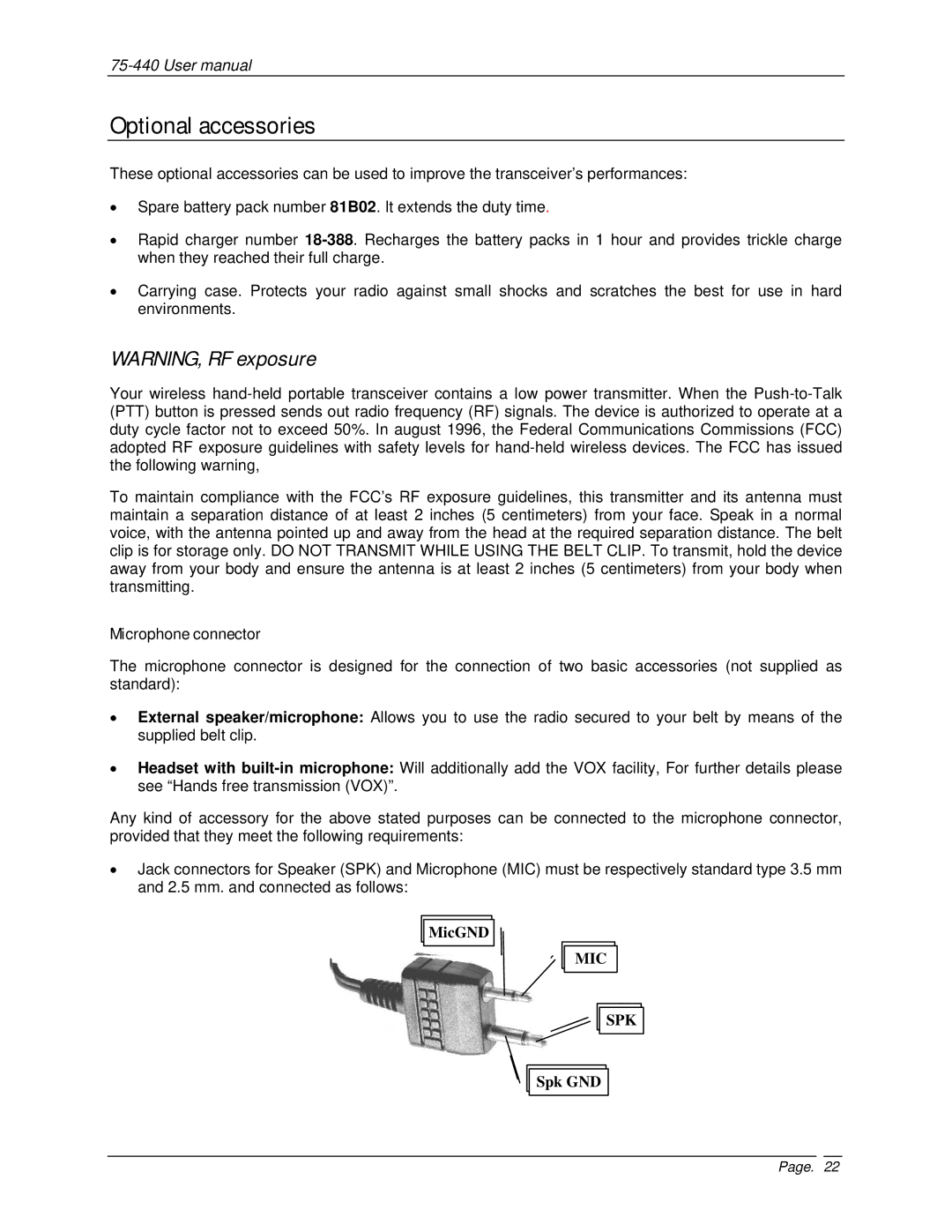 Midland Radio 75-440 user manual Optional accessories, Microphone connector 