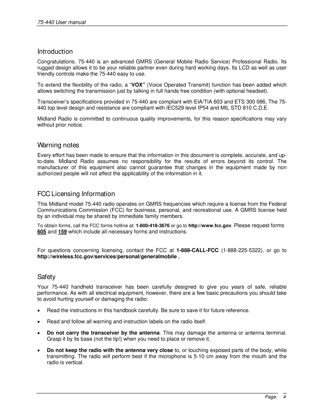 Midland Radio 75-440 user manual Introduction, FCC Licensing Information, Safety 