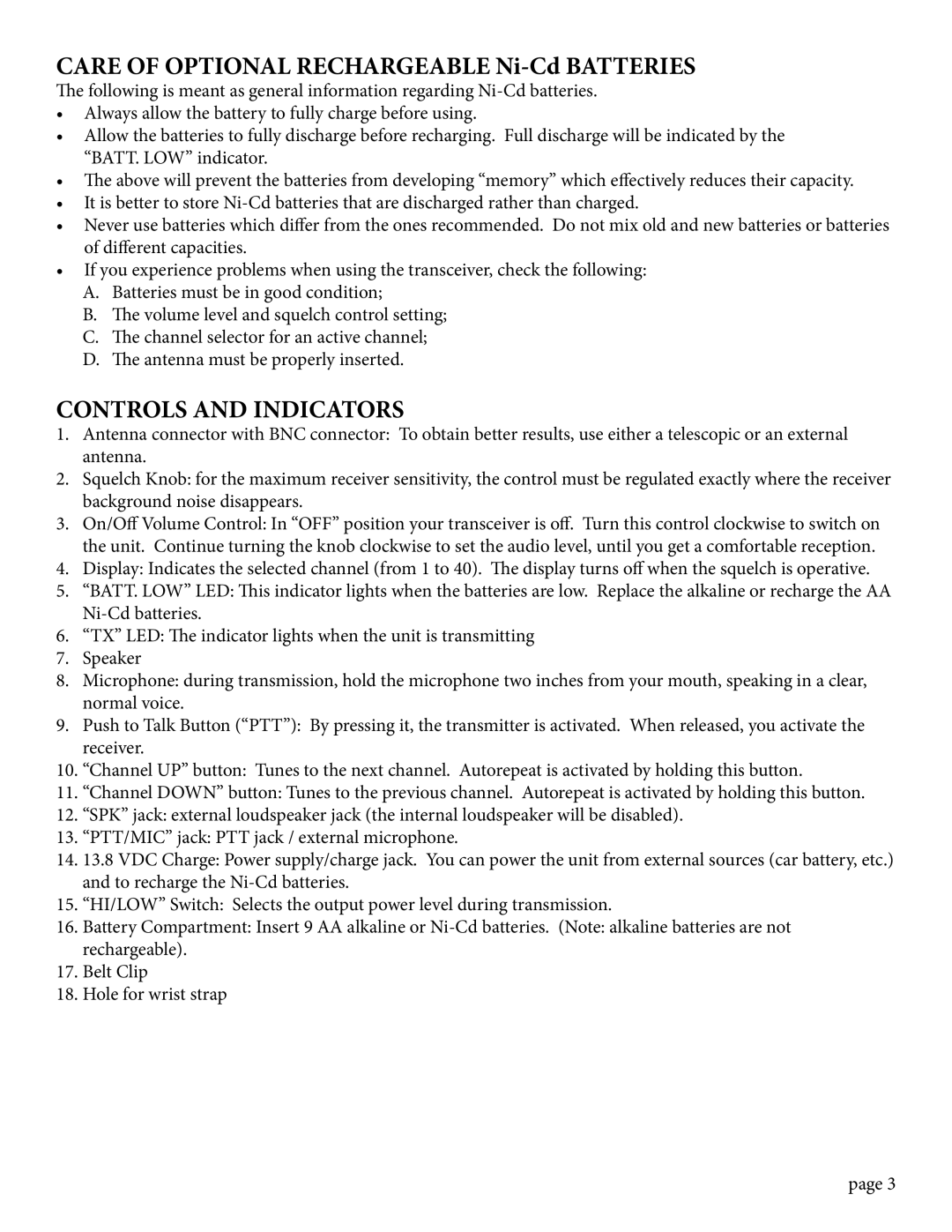 Midland Radio HANDHELD CB RADIO, 75-785 owner manual Care of Optional Rechargeable Ni-Cd Batteries, Controls and Indicators 