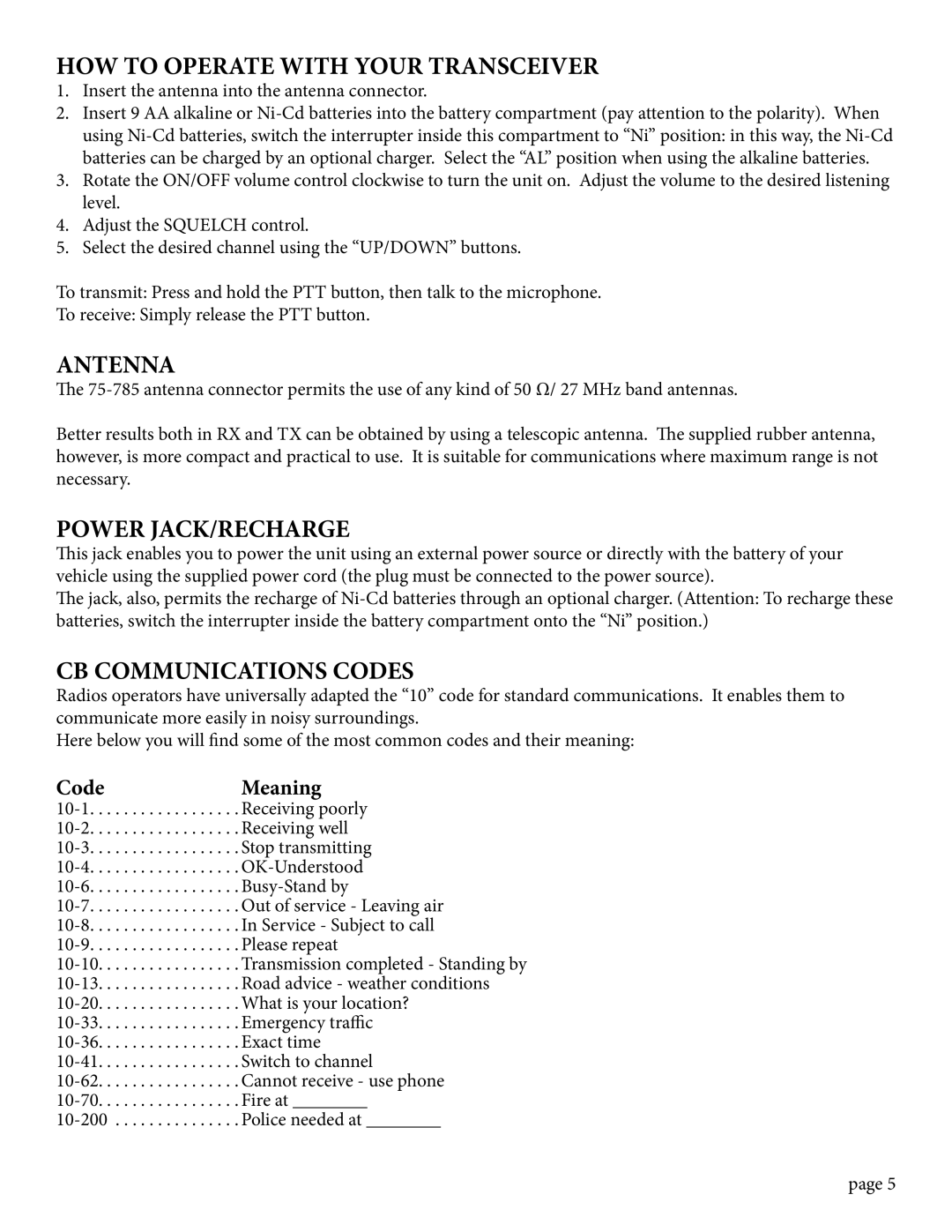 Midland Radio HANDHELD CB RADIO, 75-785 HOW to Operate with Your Transceiver, Antenna, Power JACK/RECHARGE, Code Meaning 